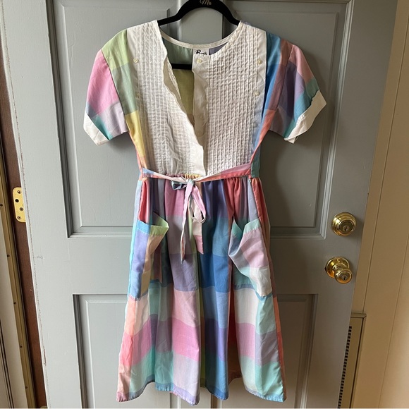 Dresses & Skirts - Pastel Multi-Color Cotton Midi Dress with Tie Waist